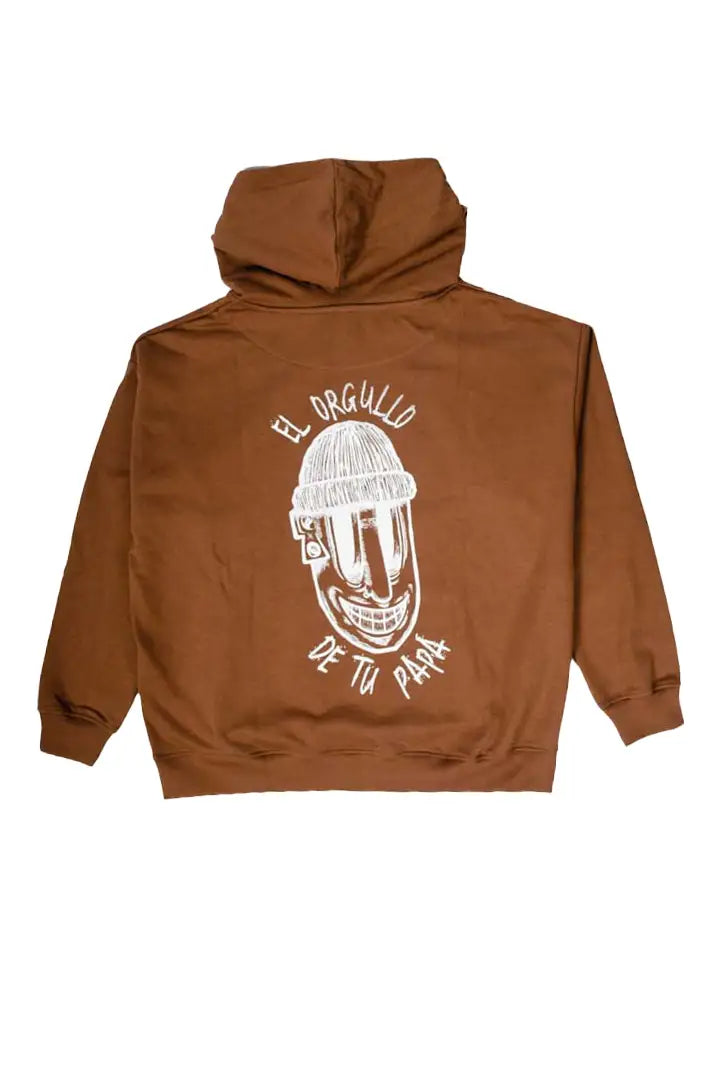 Vista trasera de la Sudadera El Orgullo de tu Papá. Sudadera streetwear oversized con capucha, en color Brownie especial y fabricada con material de felpa perchada 100% algodón.