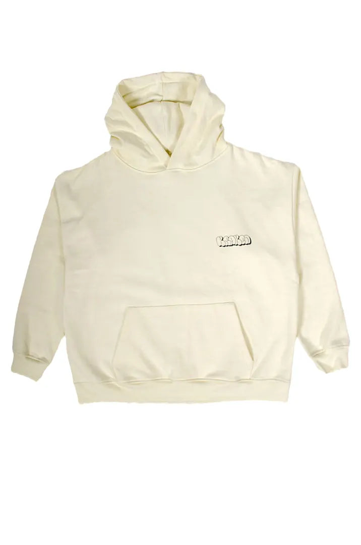 Vista frontal de la Sudadera La True Face. Sudadera hoodie oversized con capucha, 100% algodón felpa en color Leche de coco.