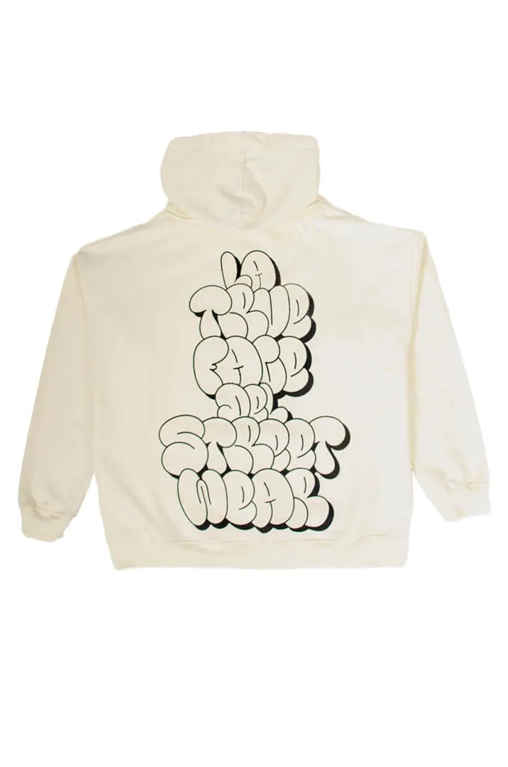Vista trasera de la Sudadera La True Face. Sudadera hoodie oversized con capucha, 100% algodón felpa en color Leche de coco.