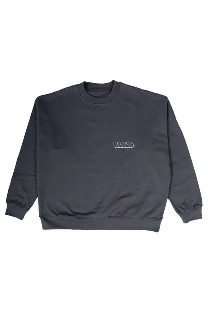 Vista frontal de la Sudadera La Brujas. Sudadera streetwear oversized sin capucha, de felpa perchada 100% algodón en color Gris Lobo.